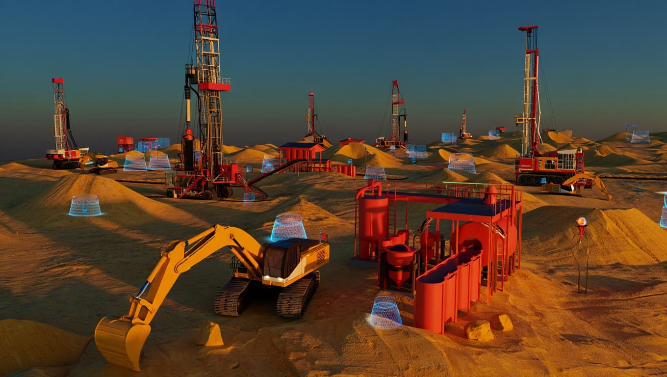 A large-scale mining site with drilling and processing equipment